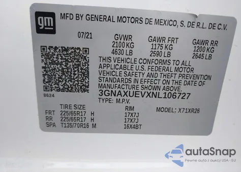 2022 Chevrolet Equinox Awd Lt z USA, uszkodzony, nr VIN 3GNAXUEVXNL106727